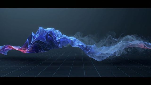 Futuristic holographic ribbon wave flowing across virtual grid with neon particle mist glow