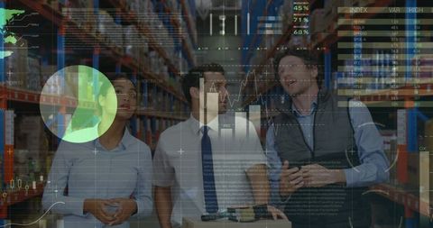 Warehouse team analyzing global shipping data projections