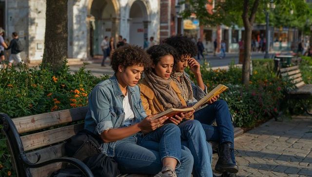 Three students reading on bench in urban plaza, studying together during outdoor break