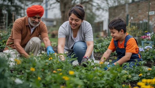Multigenerational family gardening joyfully with yellow blooms