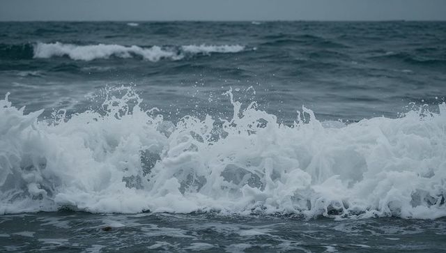 Foamy ocean waves crashing on choppy shore under overcast sky, dynamic sea spray