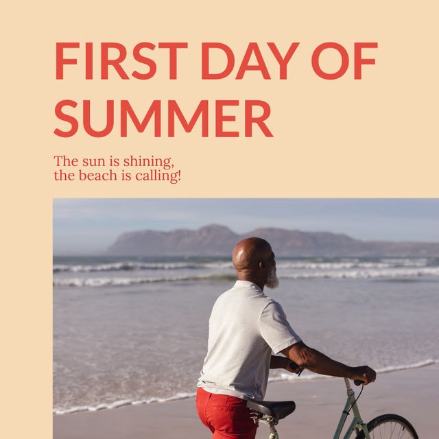 Senior man leading bicycle along seashore on sunny summer day. Ideal for themes of summer vacations, outdoor recreational activities, and promoting healthy lifestyles for seniors. Can be used in travel brochures, fitness advertisements, or social media posts celebrating the start of summer.