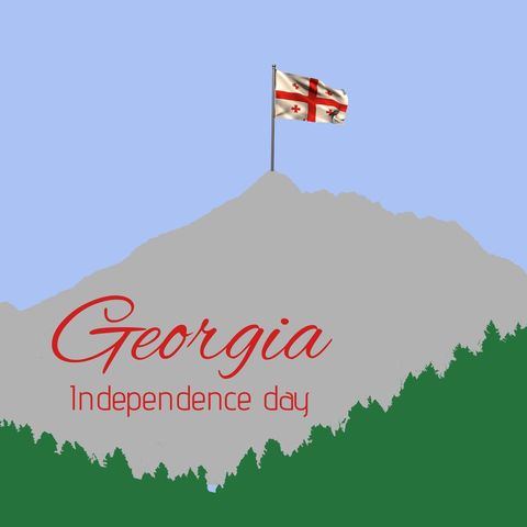 Graphic design showing Georgia's national flag on mountain peak symbolizes identity and national pride. Celebratory illustration ideal for use in Independence Day promotions, educational materials, and cultural celebrations. With copy space areas, it serves well in social media graphics and informative content about Georgia's national heritage.