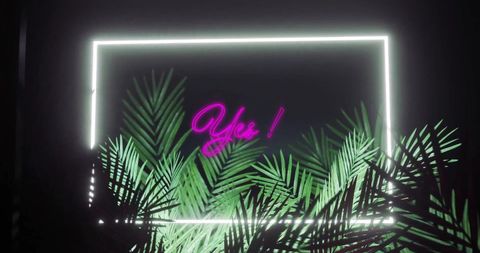 Neon yes sign with tropical leaves and frame