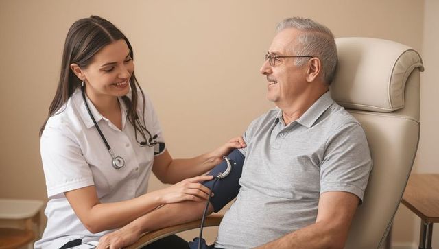 Nurse checking blood pressure of senior man in medical setting