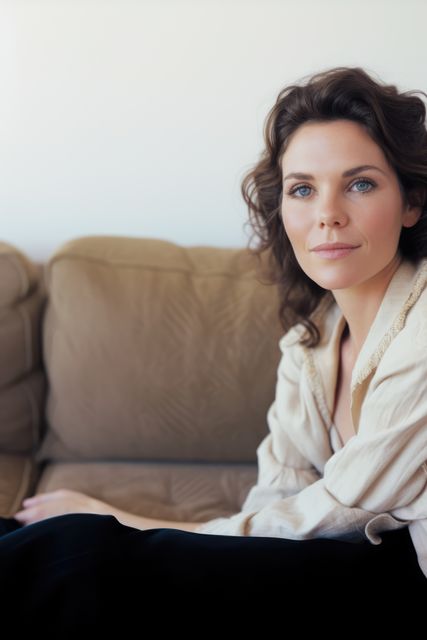 Portrait of caucasian woman with brown hair on sofa, created using generative ai technology - Download Free Stock Photos Pikwizard.com