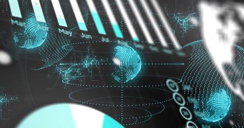 Futuristic holographic data dashboard visualizing global network, cyan particles and charts