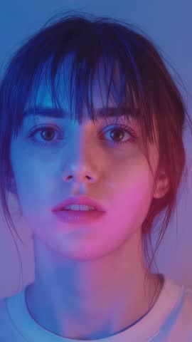 Vertical Video: Studio Lights Shifting Across Young Woman Face with Magenta Cyan Gradient