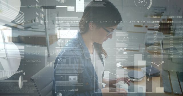 Woman Working on Computer with Digital Data Overlays in Modern Office - Download Free Stock Images Pikwizard.com