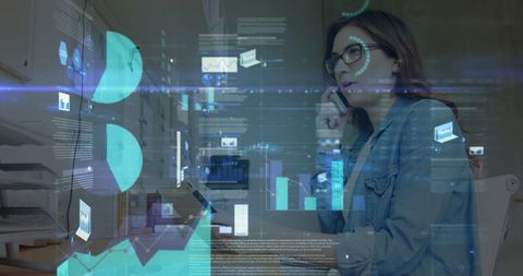 Professional Woman Analyzing Data on Futuristic Interface