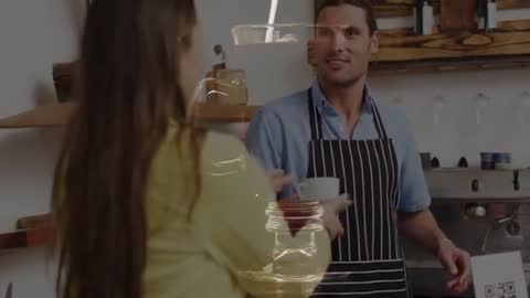 Barista Serving Coffee with Animated Sales Graph Overlay