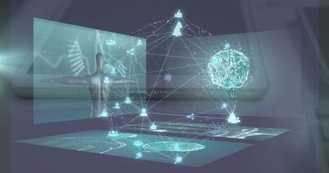 Holographic interface projection above laptop with 3d neural models