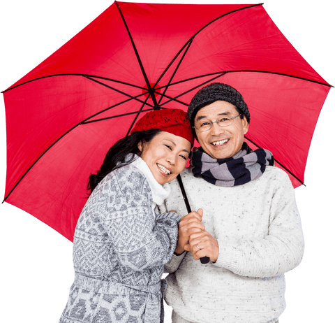 Happy mature asian couple with red umbrella on transparent background