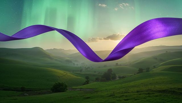 Purple silk ribbon floating above sunlit rolling hills with aurora sky and sunset glow