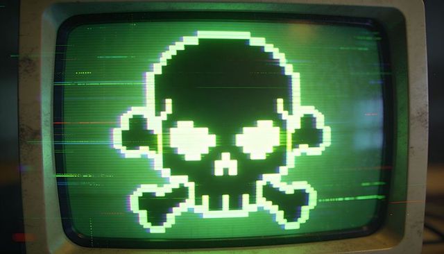 Displaying pixelated neon skull on vintage crt monitor with green scanlines and glitch