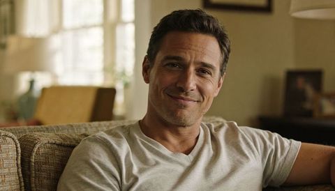 Confident smiling man relaxing on midcentury patterned sofa in warm sunlit living room