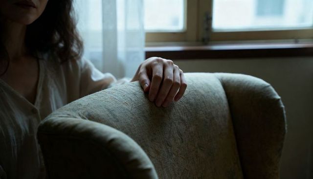 Quiet morning woman resting hand on vintage armchair by sunlit window with sheer curtains