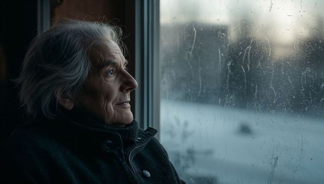 Elderly woman gazing through streaked window during snowy winter morning, contemplative portrait