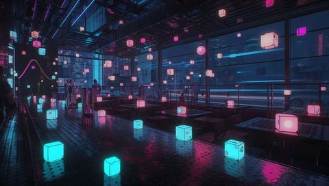 Glowing Neon Cubes Filling Futuristic Lounge Emitting Cyan and Magenta Reflections