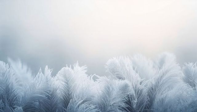 Hoarfrost feathers: frost-coated grass seedheads backlit by soft winter morning glow