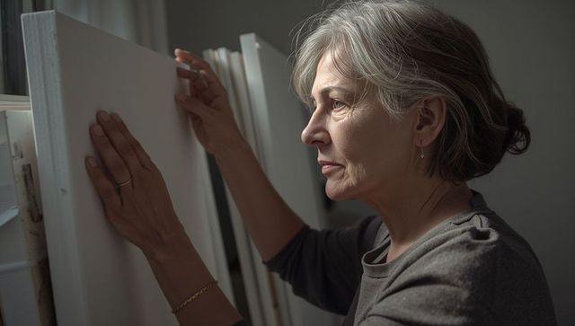 Mature woman artist inspecting and aligning stretched canvases in soft studio light