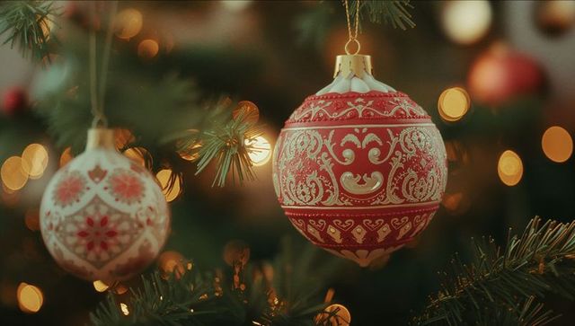 Elegant red bauble on christmas tree with decorative ornaments