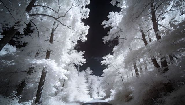 Leading winding road drawing eye through infrared forest lane with snow-white canopy