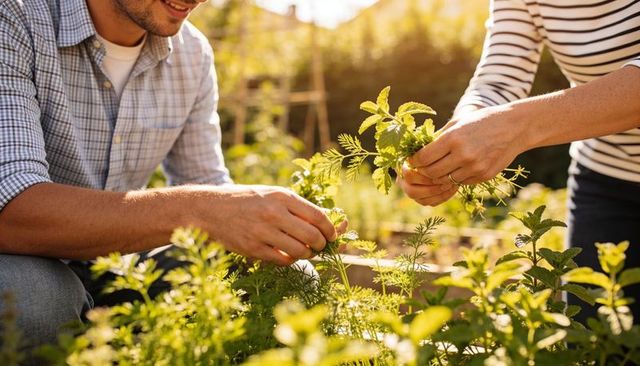 Couple harvesting fresh herbs from raised planter bed during golden hour in backyard garden