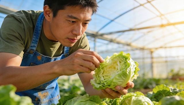 Greenhouse grower inspecting halved lettuce, checking quality for harvest and market