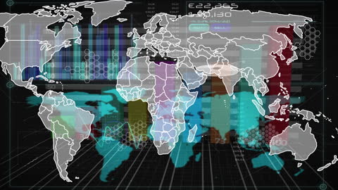 World Map Overlay on Digital Data Graphics Visualization