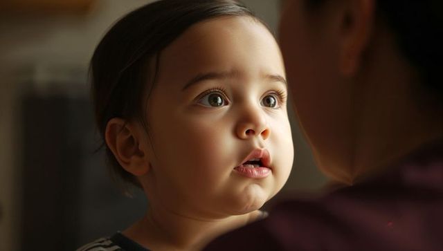 Tender toddler gazing up at caregiver with curious eyes and warm soft light