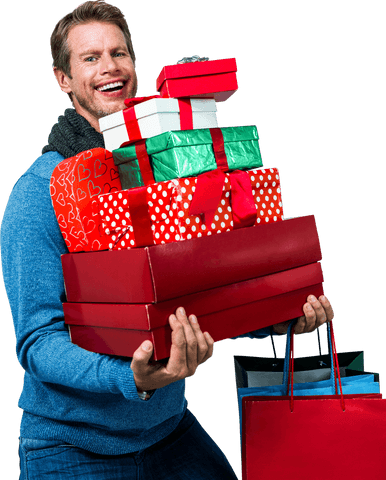 Smiling Man Holding Stacks of Gift Boxes on Transparent Background