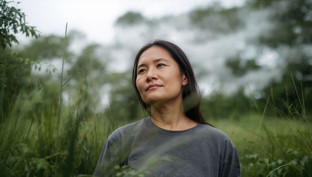 Contemplative asian woman standing in meadow amid tall grass, overcast outdoor portrait