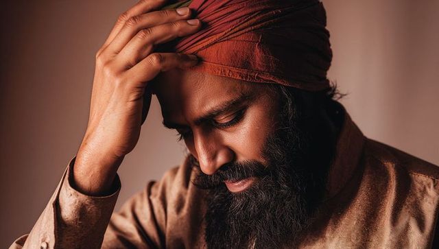 Contemplative bearded man wearing rust turban touching forehead close-up portrait