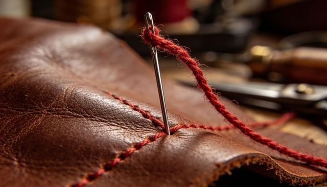 Macro needle pulling red thread through brown leather seam on craft workbench