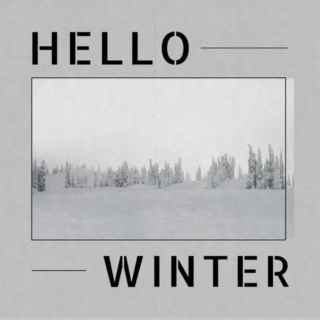 Square image of hello winter text with winter forest picture over grey background. Hello winter, seasons , nature campaign.