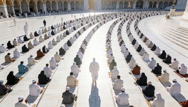 Sunlit mosque courtyard with praying congregation in spaced rows and man walking central aisle