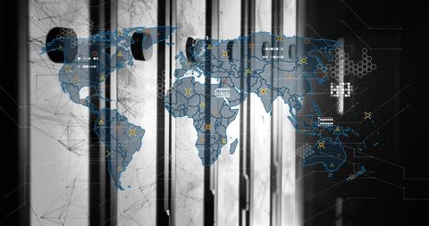 Digital Interface with World Map and Data Analytics Display