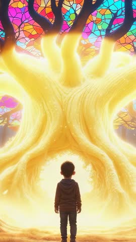 Child Discovering Glowing Tree of Light in Enchanted Golden Grove | Vertical Video