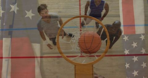 Basketball Going Through Hoop with American Flag Overlay