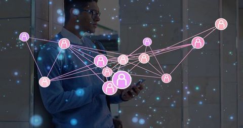 Young Professional Checking Smartphone with Digital Social Network Overlay and Connections