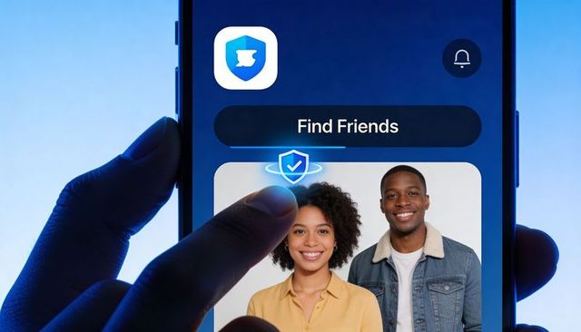 Tapping Find Friends app showing secure profile with shield check and smiling couple