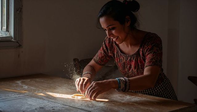 Sunlit indian woman kneading dough on rustic wooden table, smiling while shaping with flour dust