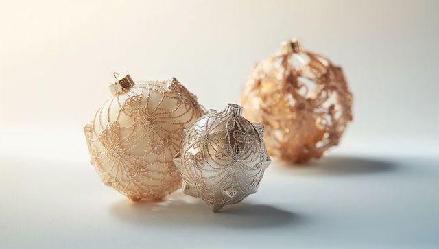 Champagne Gold Lace Christmas Ornaments with Filigree Glitter and Frosted Glass Elegance