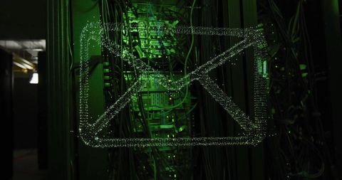 Glowing email icon and data processing over servers