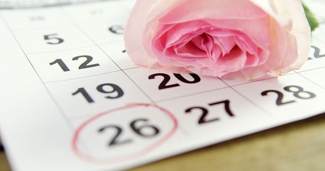 A pink rose lies atop a calendar with the 26th circled in red, suggesting a special date or anniversary, with copy space. It evokes a sense of planning for a significant event or a romantic occasion.