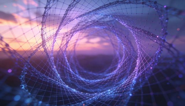 Spiraling neon mesh tunnel with glowing nodes, sparkling grid, futuristic digital motion