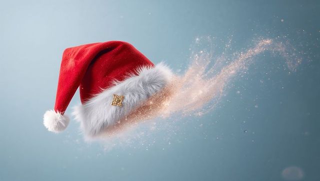 Floating velvet Santa hat with glitter trail and gold brooch on pale blue backdrop