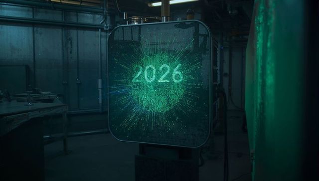 Futuristic green hologram display projecting 2026 in industrial workshop particle burst