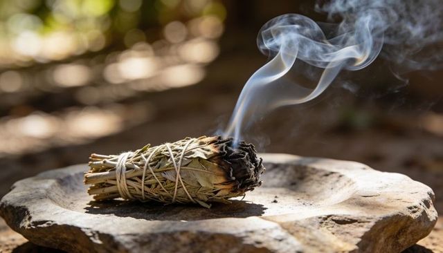 Smoldering white sage smudge bundle burning on stone dish with rising smoke in sunlight